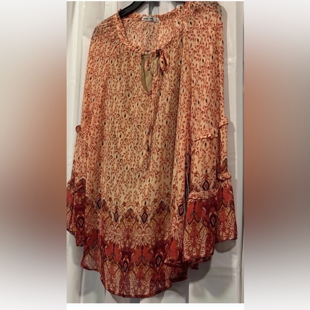 Fig & Flower Women SZ L Blouse Floral Boho Lined Artsy Lagenlook Hippie Festive